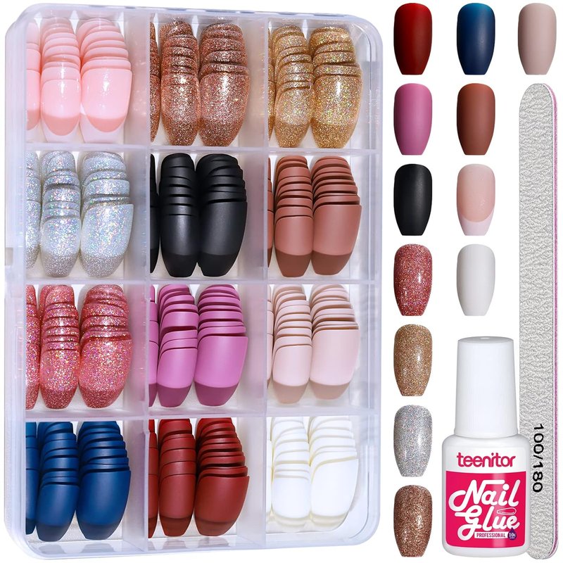 Press On Nails - 288PCS Matte Medium Length Acrylic Ballerina Coffin Nails | Glitter Full Cover Design