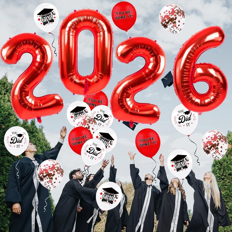 DMIGHT Graduation Decorations 2026, Class of 2026 Backdrop, Banner, 2026 Foil Balloons, Tablecloth, Hanging Swirls, Honeycomb Centerpieces, Party Supplies Decorations Set for College (RED)