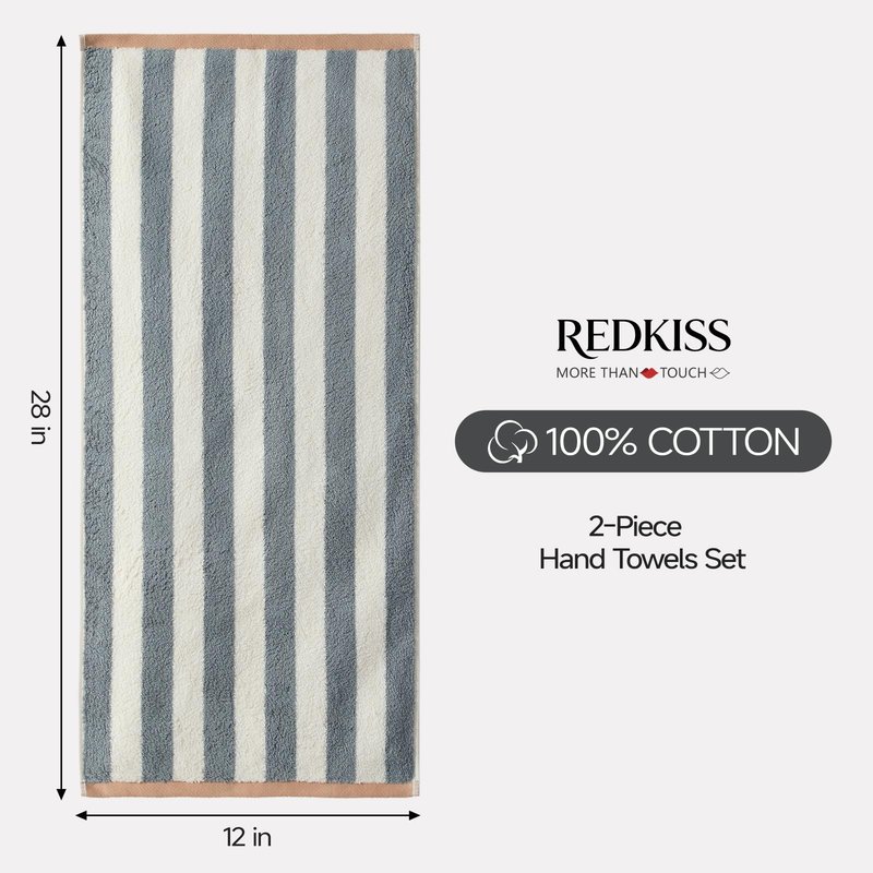 REDKISS Striped Hand Towels for Bathroom, Kitchen Decor, Guest Use, Kids & Adults, 100% Cotton, 12” x 28”, 2 Pack