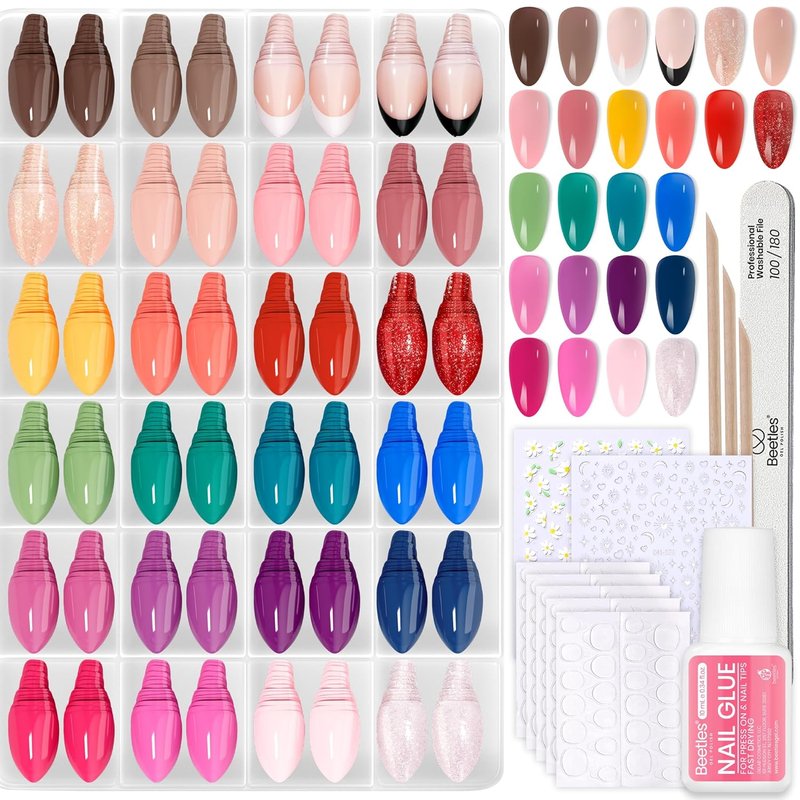 Beetles Press On Nails Kit - Rainbow Gleam | 720 Pcs of 24 Colors in Short Almond Shape | Matte, Glossy & Glitter Finishes with Glue & Stickers
