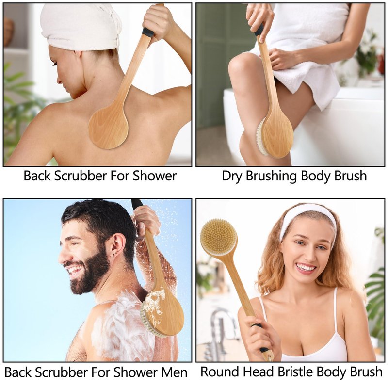 OWIIZI Round Head Back Scrub Brush for Body Shower, Wooden Long Handle Bristles Tub Soaping Bath Brushes, Skin Exfoliator Scrubber Brush for Men Women Elderly Wet or Dry Use