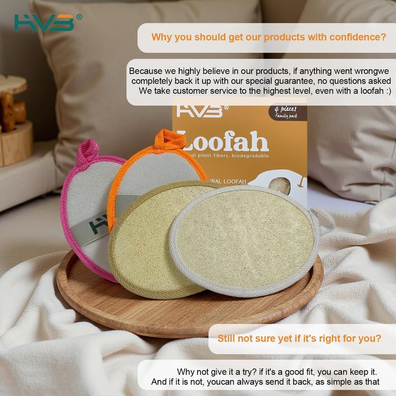 HVB Natural Loofah Exfoliating Bath Sponge, Made from Natural loofah, Unisex, Suitable for Both Facial and Body Cleansing – Pack of 4 (1 Box)