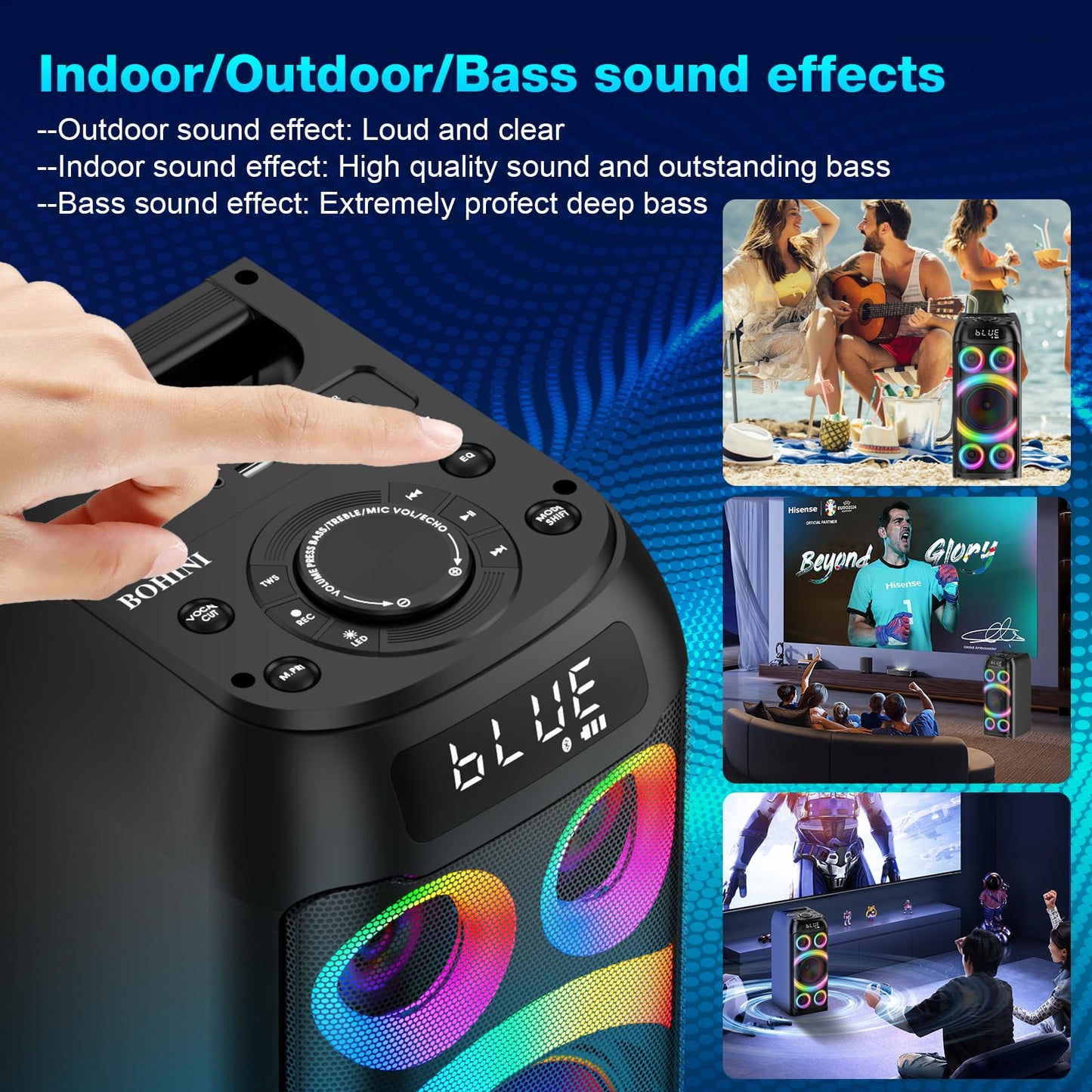BOHINI Bluetooth Speaker, 160W Peak Powerful Loud Stereo Sound Deep Bass Wireless Boombox Portable Large Party Speakers with Subwoofer TWS Pairing Dynamic LED Light for Outdoor Camping Backyard Events