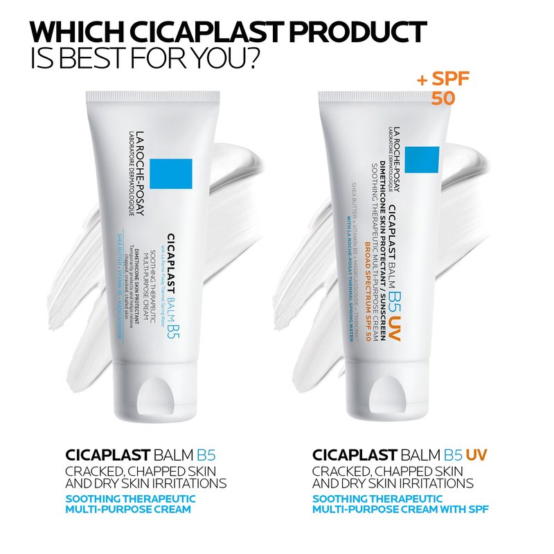 La Roche-Posay Cicaplast Balm B5 UV SPF 50, Vitamin B5 + Shea Butter + Tribioma + Madecassoside + Zinc Oxide Sunscreen, Post Treatment Skin Protectant With SPF, Multi-Purpose Cream For Dry Skin