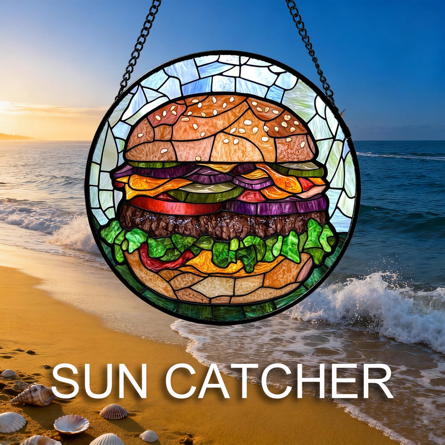 QZQCBLC Stained Glass Window Hanging Beef Burger 6.3" - Suncatcher Door Garden Kitchen Sun Catcher Decor Birthday Christmas for Mom Woman Nana Friend Men Kids