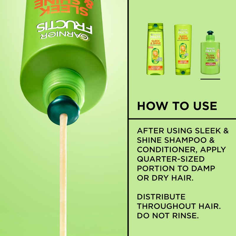 Garnier Fructis Sleek and Shine Intense Smooth Leave In Conditioner, Conditioning Hair Cream for Frizzy, Dry Hair, Plant Keratin + Argan Oil, 10.2 Fl Oz (Pack of 2)