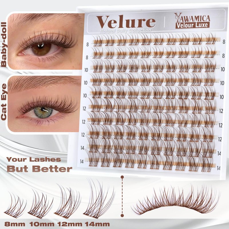 Brown Lash Clusters Natural Velour Eyelash Clusters 8-14mm Wispy Individual Lashes Light Brown Cluster Lashes CC Curl Lashes Clusters with Wide Band for Your Lashes But Better Look by Yawamica