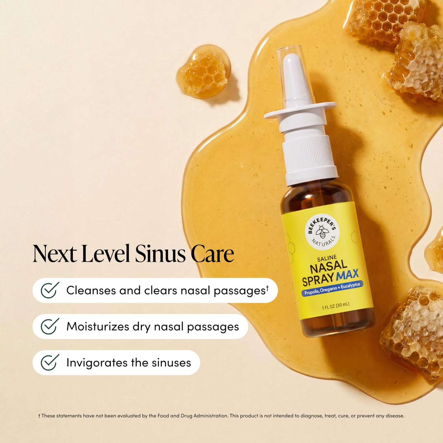 Beekeeper's Naturals Propolis Nasal Rinse Spray Max, Relief for Adults w/Eucalyptus, Oregano & Saline, Clears Nasal Congestion & Cleanses Sinus Canal, 1 fl oz