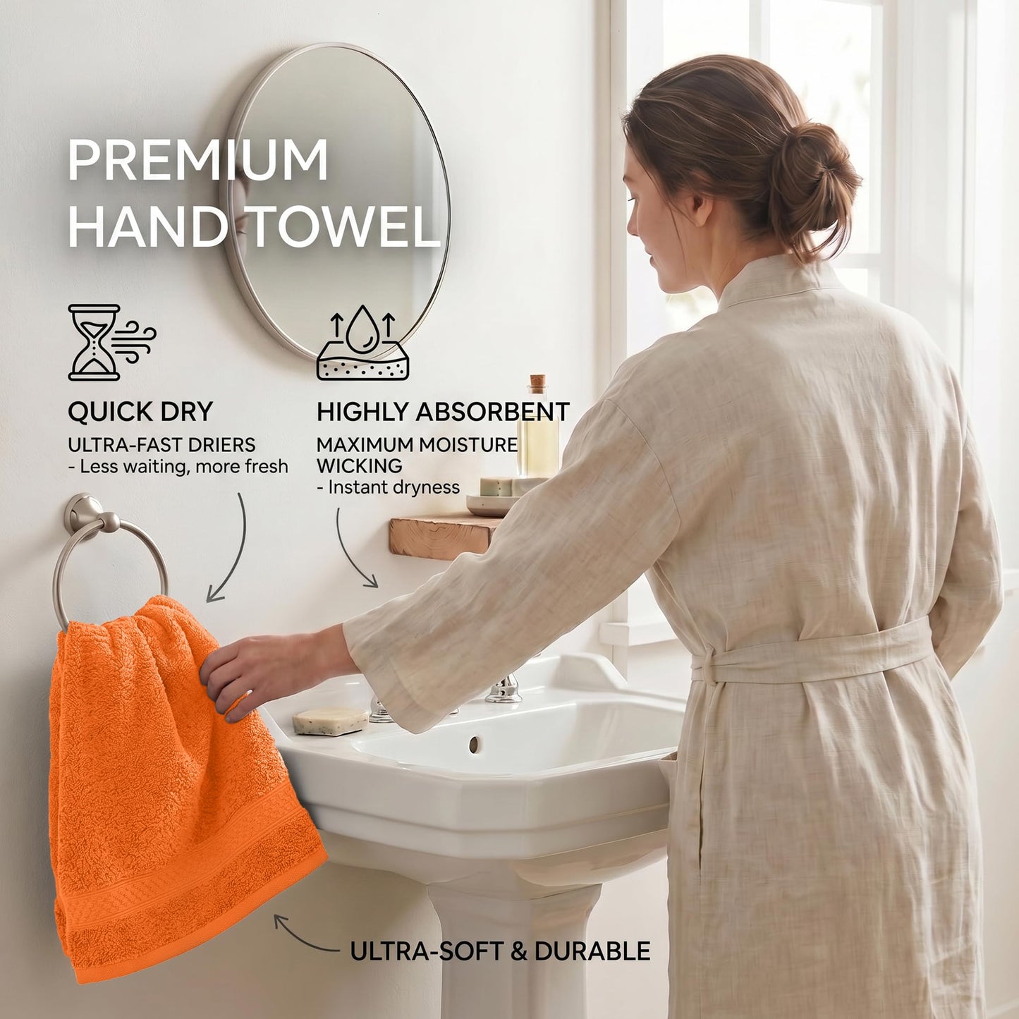 RIVERSIDE 6-Pack Premium Hand Towels Set, 16x28 inches, 100% Ring Spun Cotton, Super Soft, Quicker to Dry and Highly Absorbent, Towels for Bathroom, Kitchen, Gym, Spa, Orange