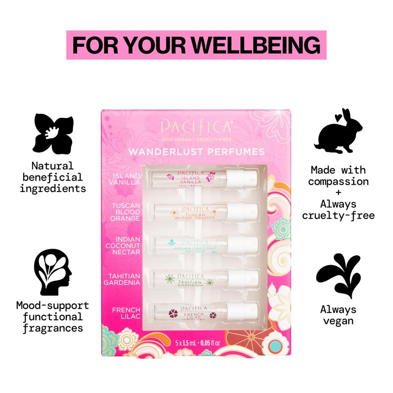 Pacifica Beauty Wanderlust Spray Perfume Set, Fragrances, Travel Perfume, Island Vanilla, Tuscan Blood Orange, Indian Coconut Nectar, Tahitian Gardenia, French Lilac, Vegan, 0.05 fl oz Each (Set of 5)