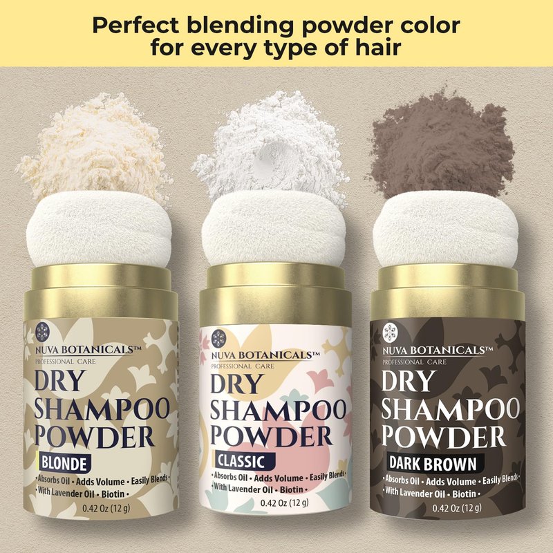 Nuva Botanicals Non Aerosol Dry Shampoo Powder with Biotin - Lavender Extract and Korean Ginseng - Volumizing Travel Dry Shampoo - Classic, Dark Brown and Blonde (0.42 oz, 3 Pack)