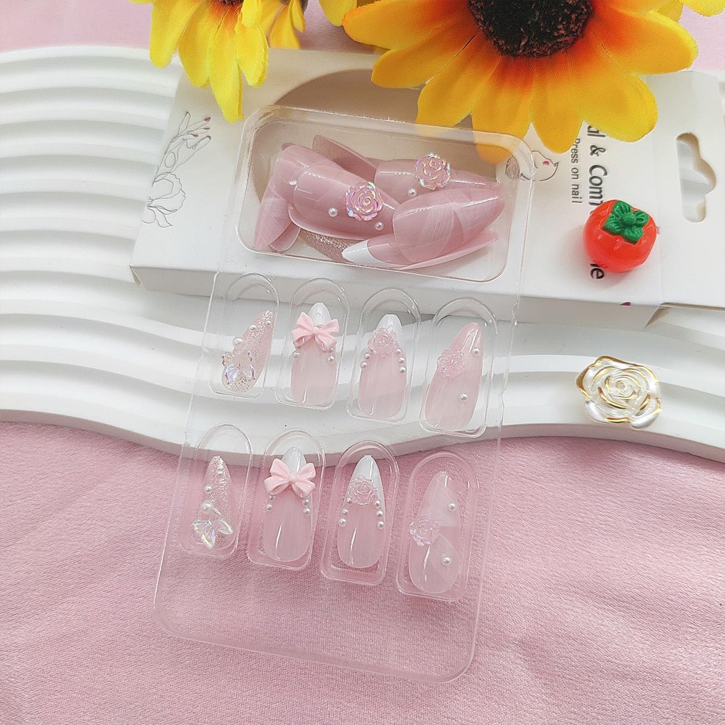 White French Tip Press on Nails Medium Almond Fake Nails with 3D Bow Flower Pearl Charm Designs Spring Nails Press ons Glossy Glue on Nails Butterfly False Nails Pink Stick on Nails for Women 24Pcs