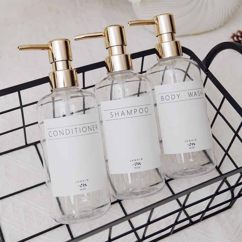 Janxin Shampoo and Conditioner Dispenser Set of 3,Modern Refillable 16oz Shampoo and Conditioner Bottles with Pump,Stylish Shower Soap Dispenser with Waterproof Labels for Bathroom(Clear)