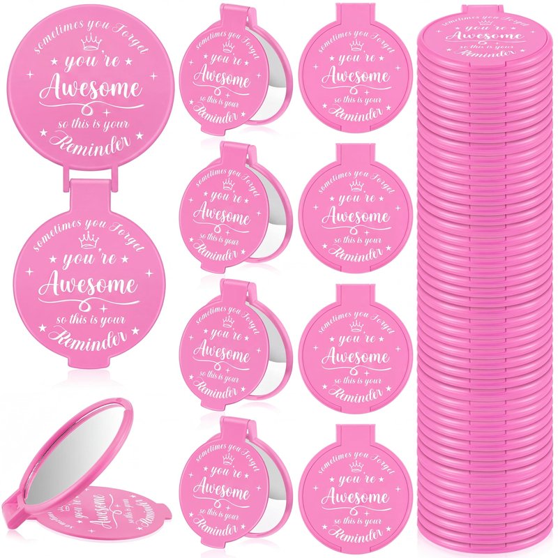 Gulfmew 36 Pcs 2.76 Inch Inspirational Compact Mirror Bulk Women Small Gifts Graduation Mothers Day Party Favors Purse Mirror Pocket Mini Items for Adult Coworker Cheerleader Swag Bag (Pink)