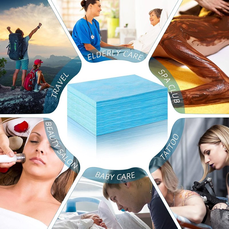 Disposable Bed Sheets - 50 Pack Waterproof Non-Woven Fabric for Spa, Beauty Salon | 31 x 70 Inches - Blue