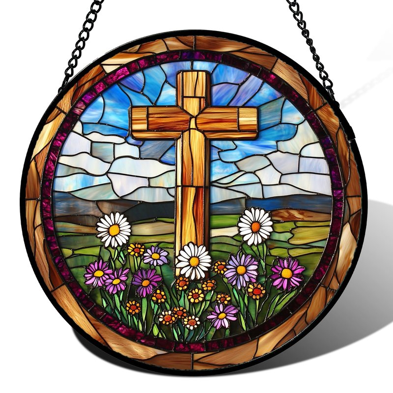 QZQCBLC Christian Gifts for Women - Cross Stained Glass Window Hanging Easter White and Purple Daisy Sun Catcher Garden Religion Decor Mother's Day Catholic Gift for Men Grandma Nana Her Mom 6.3"