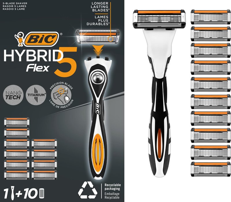 BIC Hybrid 5 Flex Refillable Men's Razor, 1 Weighted Handle and 10 Nano-Tech Titanium 5-Blade Refills with Precision Blade - Bundle of 1+10