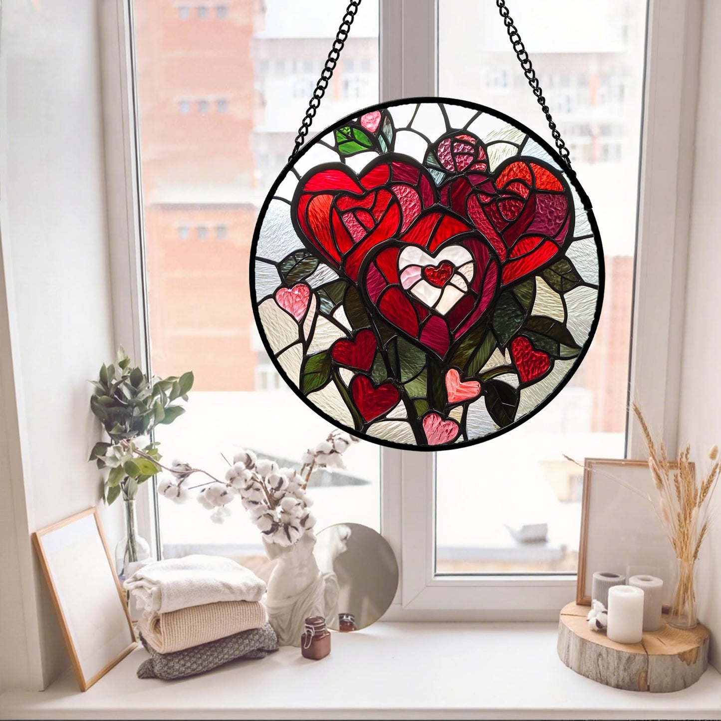 QZQCBLC Stained Glass Window Hanging Red Heart-Shaped Roses 7.8" - Flower Suncatcher Door Garden Sun Catcher Decor Birthday Anniversary Valentines Day Gifts for Woman Wife Men Her Him Lovers