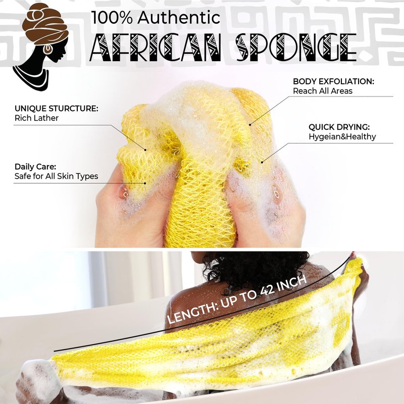 African Net Sponge Authentic - Exfoliating Back Scrub Bath Sponge with Handles - Afro Scrub Body Scrubber Exfoliator Washcloth - African Body Care Daily Use Shower Essentials