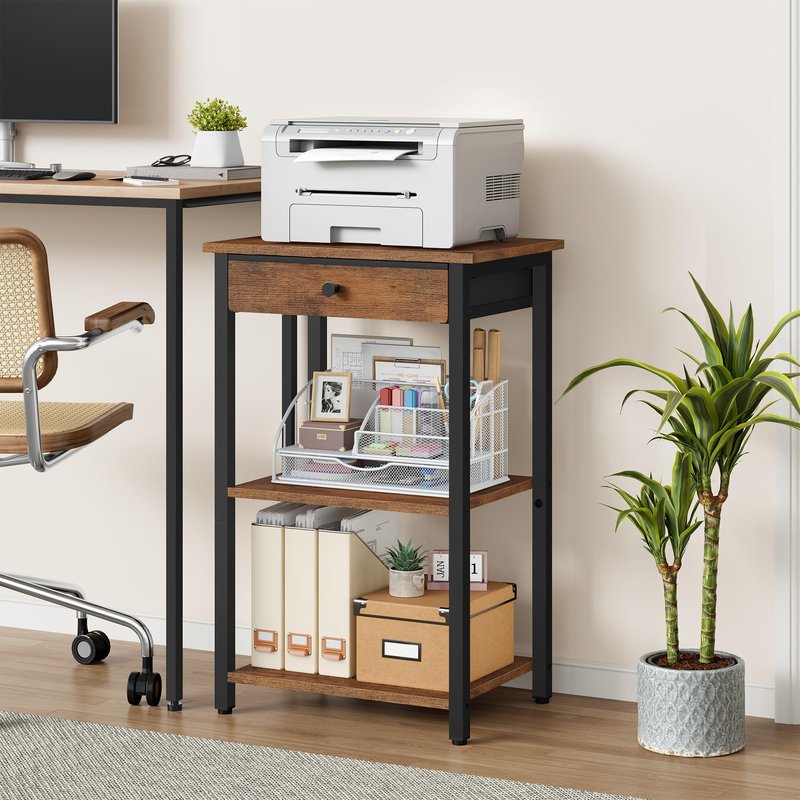 Gewudraw Printer Stand with Storage Drawer, 3-Tier Under Desk Printer Table, End Table for Home Office, Living Room, Bedroom, Brown