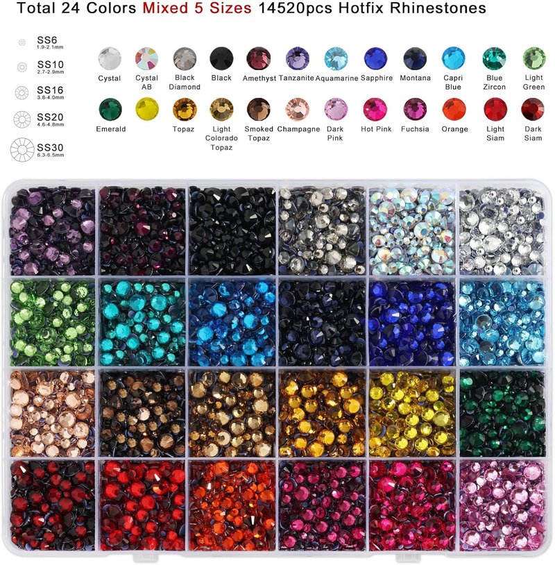 Hotfix Rhinestones - 24 Color Mixed Craft Gems with Tweezers, Wax Pencil & Scoop | Multi-Sized Crystals