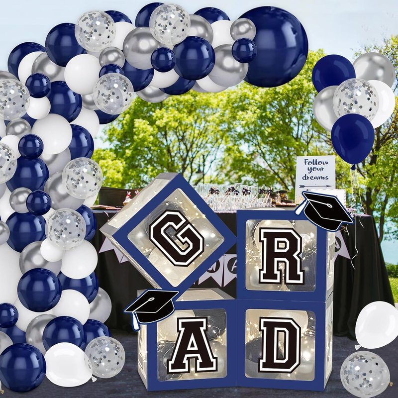 Navy Blue Graduation Decorations 2026 - 4 Balloon Boxes with 139pcs Garland Kit & Lighted Strings