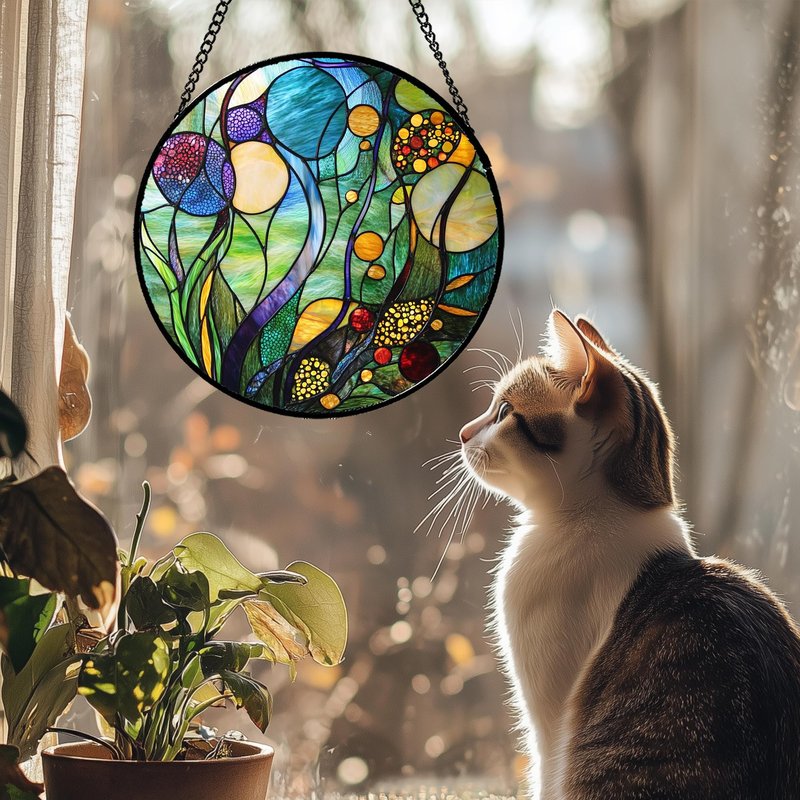 QZQCBLC Stained Glass Window Hanging Blue Ocean Water Plants Flower 7.8" - Suncatcher Door Garden Sun Catcher Home Decor Birthday Christmas for Mom Men Woman Nana Friend