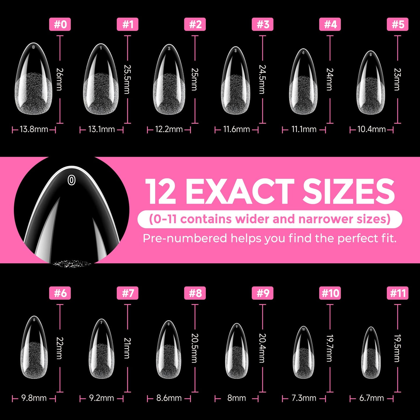 UNA GELLA Almond Nail Tips 216pcs Medium Almond Press on Nails Pre-shape Gel Fake Nails for Full Cover Acrylic French False Nails For Nail Extension, DIY Salon 12 Sizes Gelly Tips