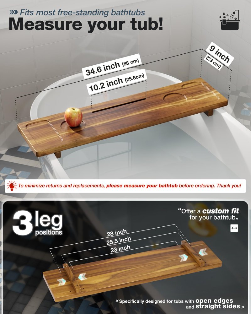 LotusSway Bathtub Tray, Acacia Bath Tray for Tub, 34.6''x9'' Wooden Bathtub Caddy Tray with Adjustable Legs Fit Various Bathtubs, Anti-Tipping, Sustainable Bath Table with Wine Glass and Tablet Holder