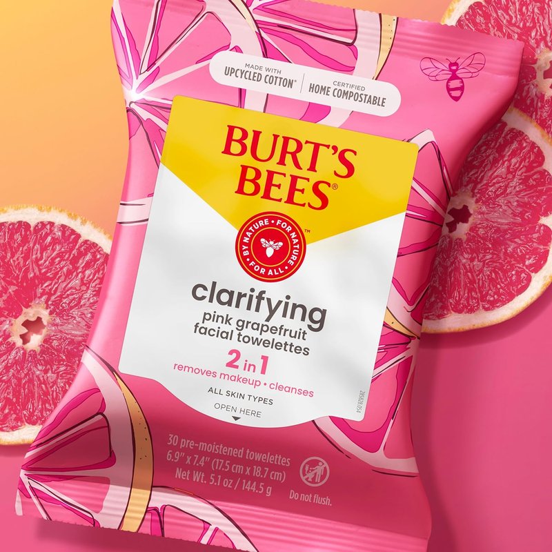Burt's Bees Pink Grapefruit Face Wipes, for All Skin Types, Hydrating Makeup Remover & Facial Cleansing Towelettes, 90 Ct. (Pack of 2)