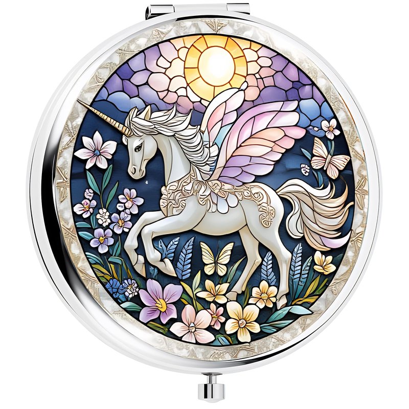 Silver Compact Mirror, 2.8x2.8inch Double-Sided Folding Makeup Mirror with Winged Unicorn Design, Ideal Gift for Women