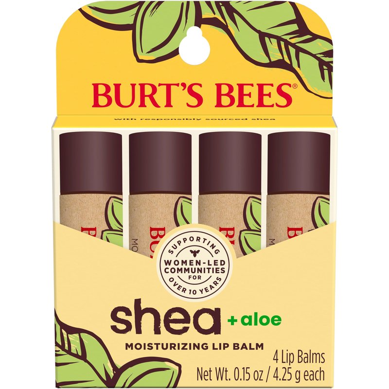 Burt's Bees Shea and Aloe Moisturizing Lip Balm, Lip Moisturizer With Responsibly Sourced Beeswax, Tint-Free, Natural Origin Conditioning Treatment, 4 Tubes, 0.15 oz.