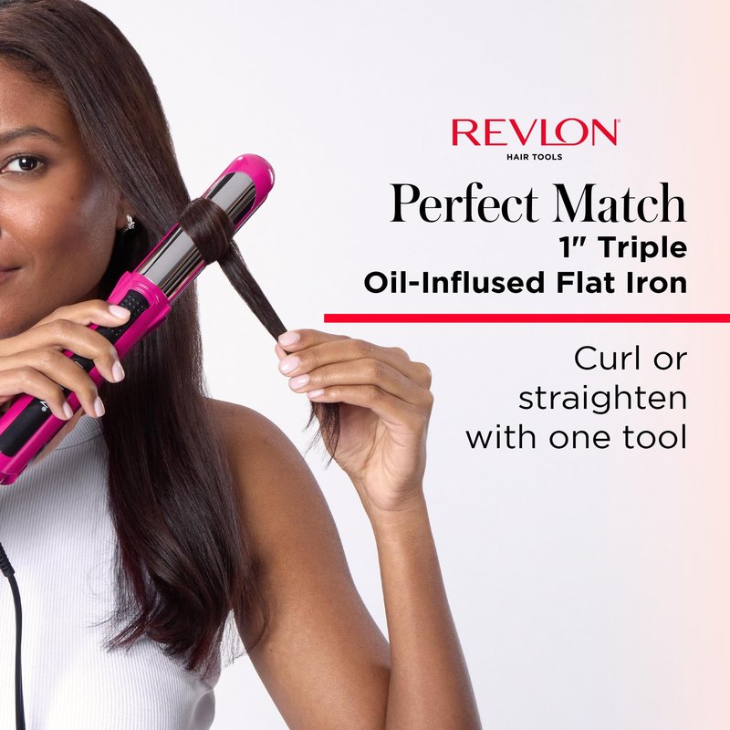 REVLON Perfect Match Flat Iron, 2 in 1 Styling Tool for Straightening and Curling, 1 Inch Ceramic Plates, Triple Oil Infused, Adjustable Heat Settings, Dual Voltage