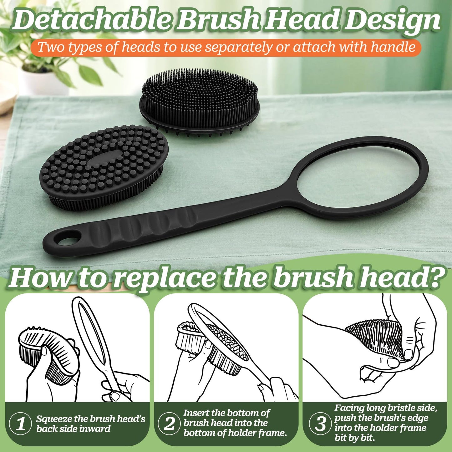 GEENOA Soft Silicone Body Scrubber 2PCS, Dual-Side Silicone Loofah for Shower, Gentle Loofa Alternative, Replaceable Brush Head to be Used Alone or with Long Handle (Bluex2)