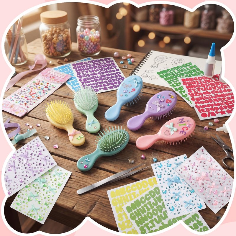 Acellegic 12 Packs DIY Princess Hairbrush Kits Princess Party Bow Diamond Alphabet Sticker Make Your Own Hair Brush with Gem Painting for Birthday Party Art Activities DIY Crafts