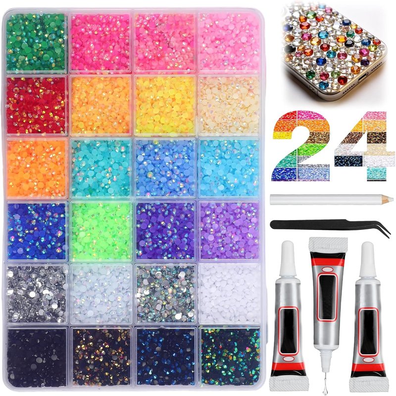 Skiennix 24 Colors Resin Jelly Rhinestones - 24000 Pcs Multicolor 3mm Flatback Gems for Nail Art & Crafts