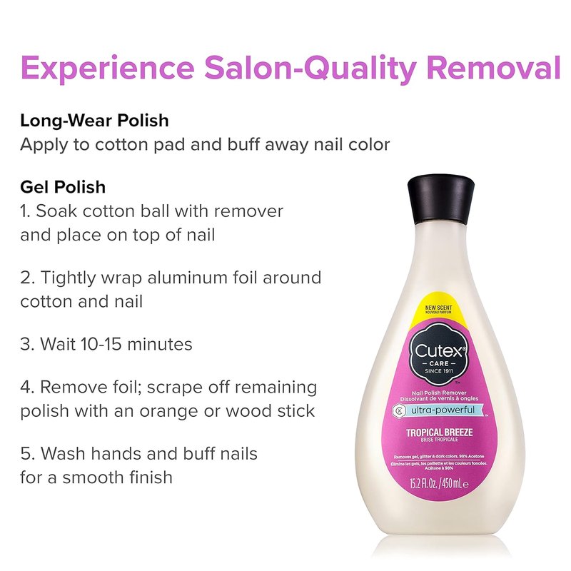 Cutex Gel Nail Polish Remover - Ultra-Powerful Formula for Glitter & Dark Colors | Tropical Breeze Scent, 15.2 Fl Oz