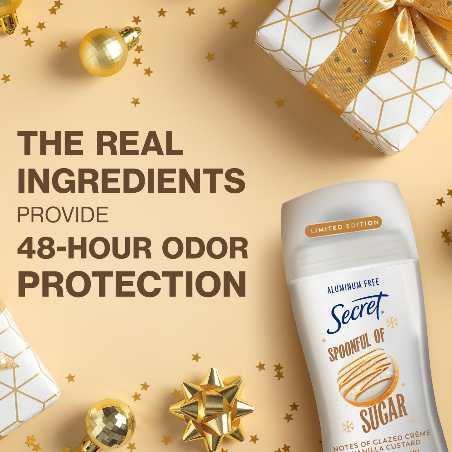 Secret Aluminum Free Deodorant for Women, 48hr Odor Protection with Pro-Hyaluronic Acid, PH Balancing Minerals, Holiday Dry Solid, Spoonful of Sugar with Glazed Crème & Vanilla Custard Scent, 2.4 oz