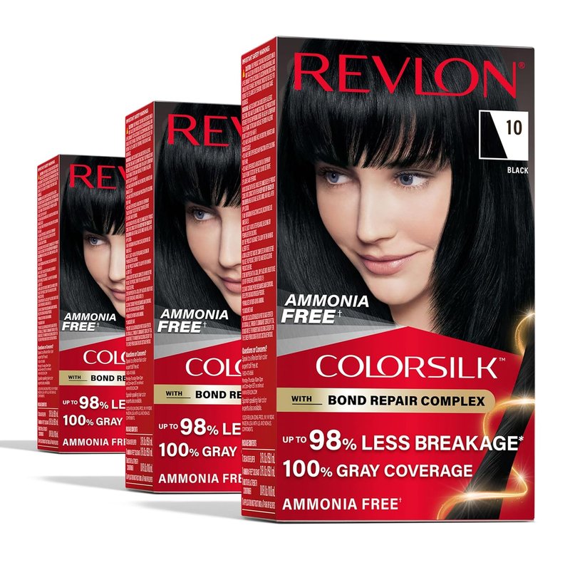 Revlon ColorSilk Black Permanent Hair Color - 100% Gray Coverage, Ammonia-Free, Vegan Keratin | Pack of 3
