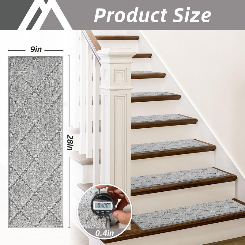 COSY HOMEER Edging Stair Treads Non-Slip Carpet Mat 28inX9in Indoor Stair Runners for Wooden Steps, Edging Stair Rugs for Kids and Dogs, 100% Polyester TPE Backing (10pc, Grey)