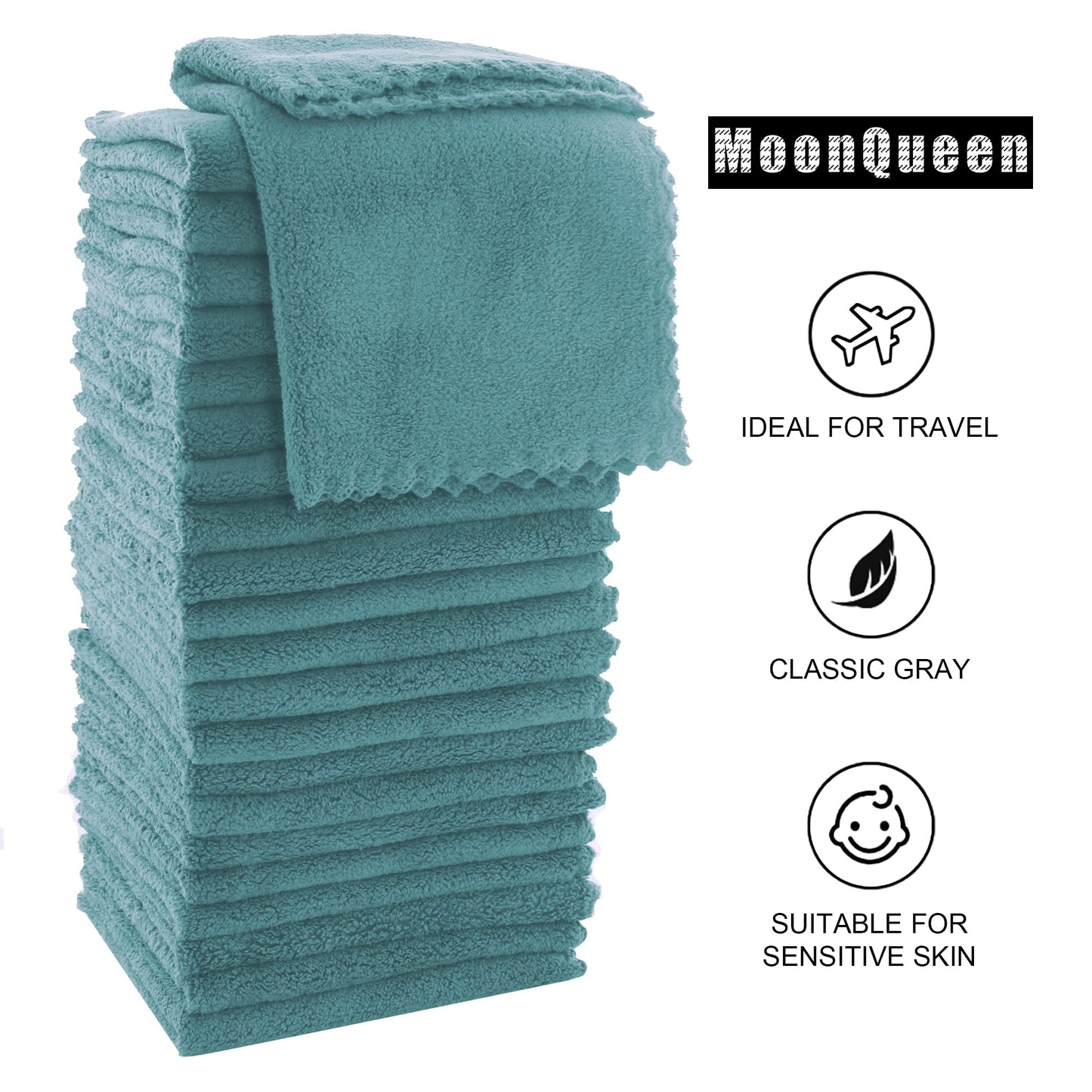 MOONQUEEN Ultra Soft Premium Washcloths Set - 12 x 12 inches - 24 Pack - Quick Drying - Highly Absorbent Coral Velvet Bathroom Wash Clothes - Use as Bath, Spa, Facial, Fingertip Towel (Teal)