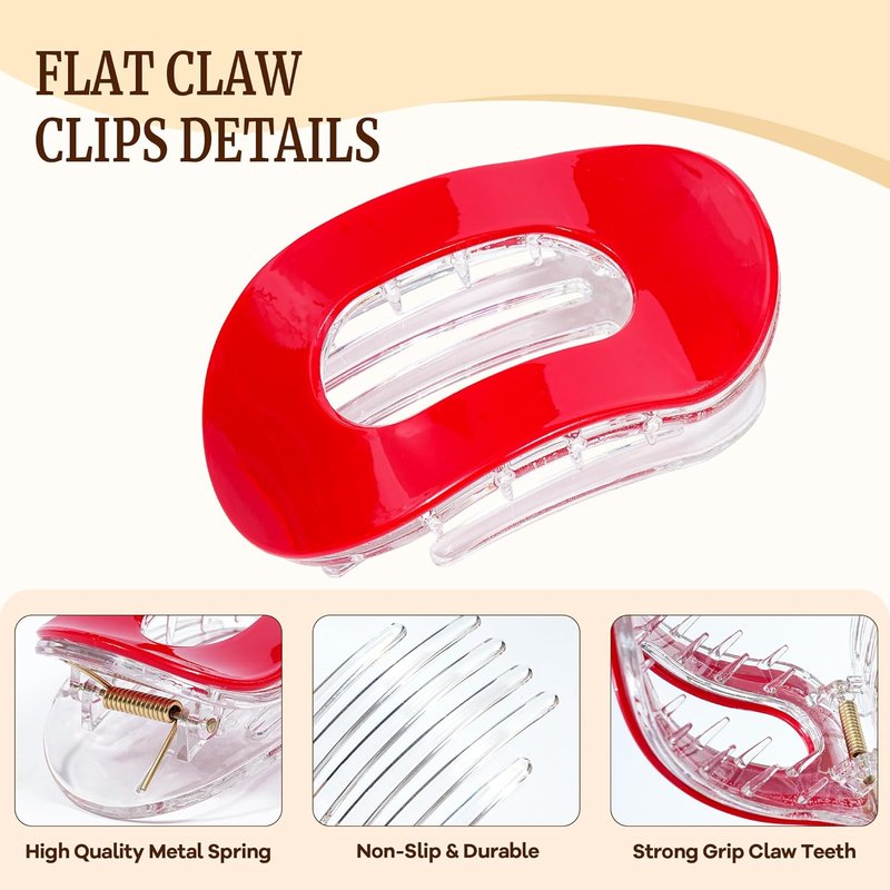 Flat Hair Clips for Women - 4PCS Non-Slip Acrylic Claw Clips | Pink, Green, Red, Black