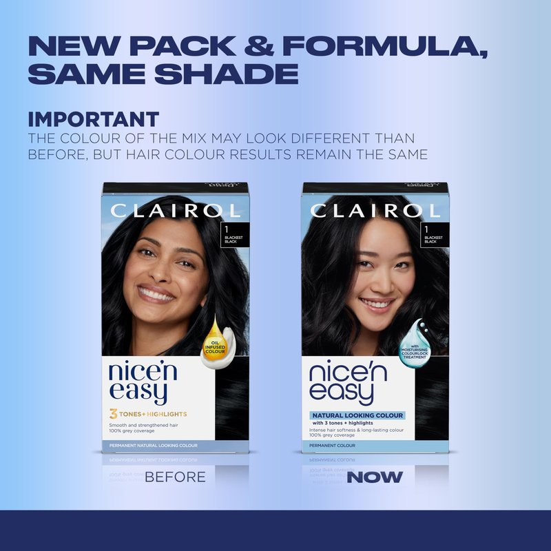 Clairol Nice'n Easy Permanent Hair Dye, 1 Blackest Black | 100% Gray Coverage | Long‑Lasting, Natural‑Looking Color & Shine | Pack of 1