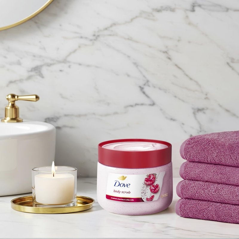 Dove Cherry & Chia Milk Body Scrub Exfoliates and Deeply Nourishes for Smooth, Radiant Skin 15 oz