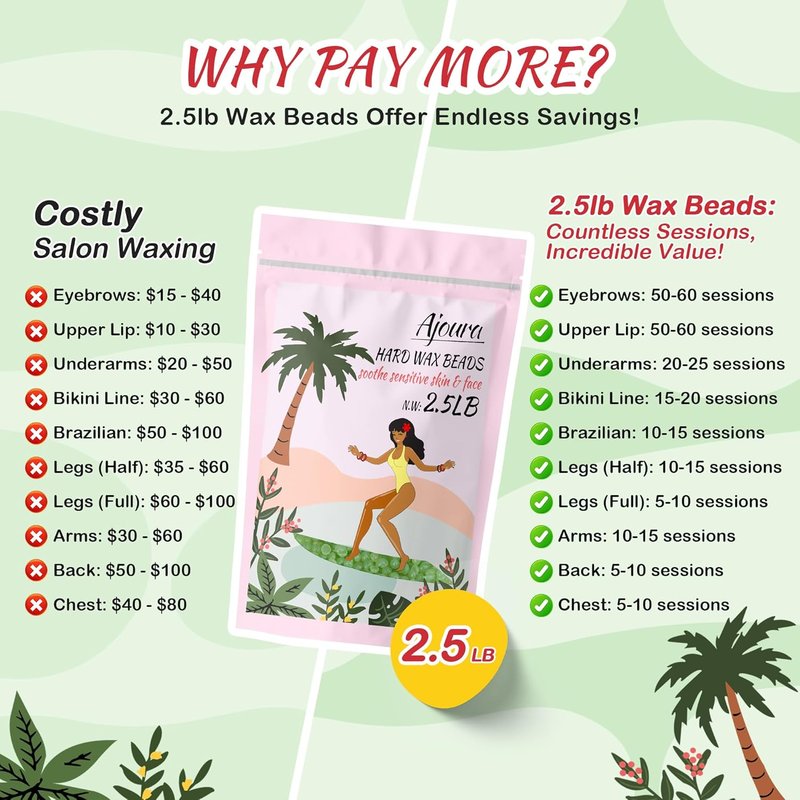 Ajoura Aloe Hard Wax Beads - Premium 2.5LB for Sensitive Skin Hair Removal | Ideal for Full Body & Facial Waxing (Green)