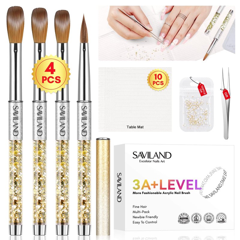 Saviland Professional Acrylic Brush Set: Powder Brushes for Application, Size 6 10 12 16, Art Extension, 3D Carving With Starter Supplies, Tweezers, Table Mat