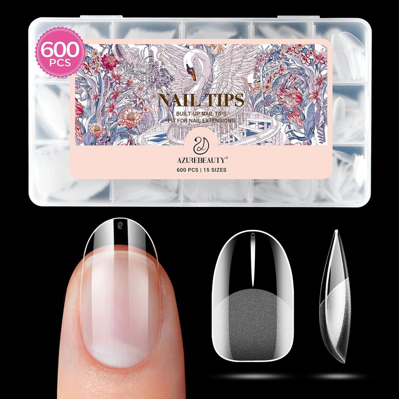 AZUREBEAUTY Short Oval Round Nail Tips, 600pcs Pre Etched Soft Gel Nail Tips 15Sizes Acrylic Fake Nails Half Matte Full Cover Clear Press On False Nail Extensions for DIY Manicure at Home