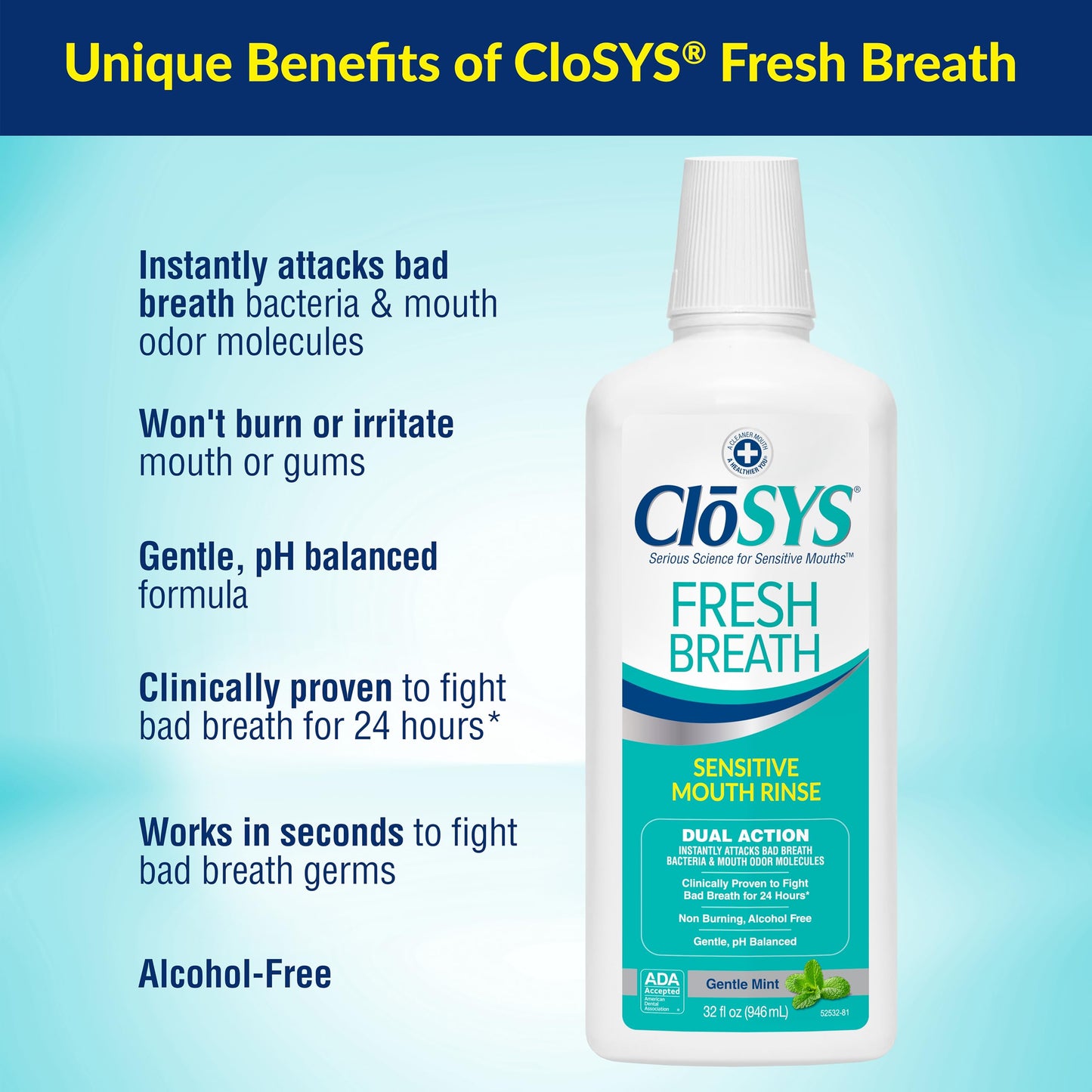 CloSYS Mouthwash, 32 Ounce, Fresh Breath Mouthwash, Gentle Mint, Alcohol Free, Dye Free, pH Balanced Mouth Wash, Helps Soothe Entire Mouth, Fights Bad Breath