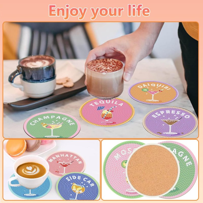 8 Pcs Cocktail Diamond Art Coasters Kit - DIY 5D Gem Painting Coasters with Holder | Perfect Gift for Adults