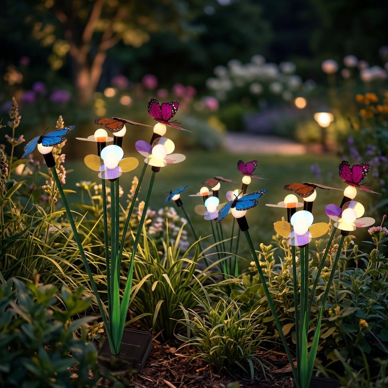 Hoikwo Solar Garden Flower Lights 4 Pack, Swaying Butterfly Flower Stakes Outdoor, Lifelike Butterflies and Flowers with 6 LED Warm Lights, Solar Lights Decor for Yard, Patio, Garden, Pathway